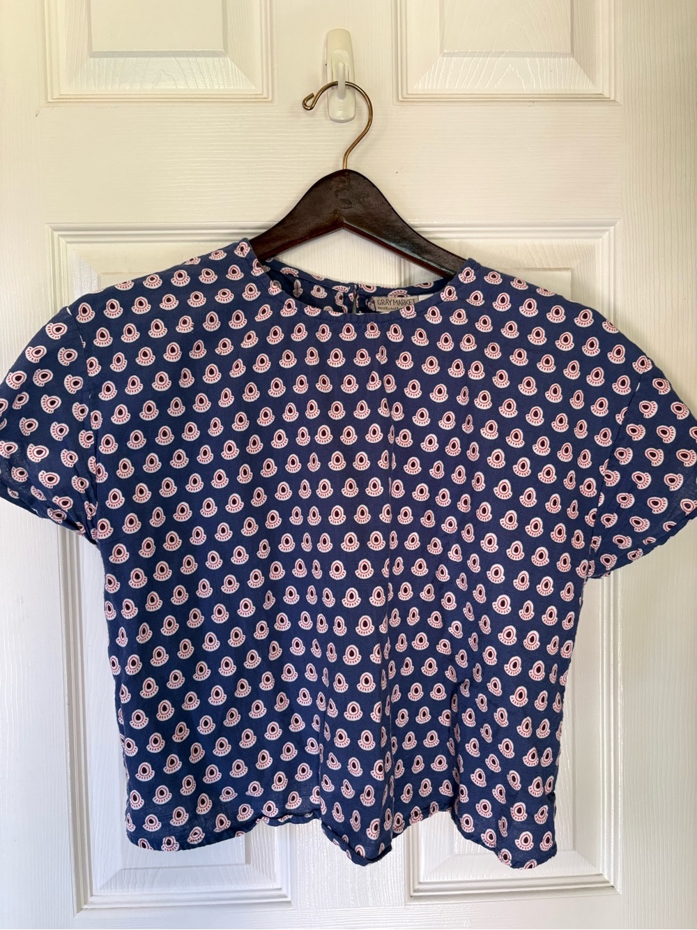 Navy block Printed Short Sleeve Blouse with Pink Motif